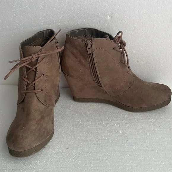 Merona Shoes Merona Booties Tan Suede Lace Up Zip Wedge Ankle